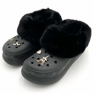 Forever Crush Clogs Black Platform Crocs Ankle Booties with Faux Fur Lining